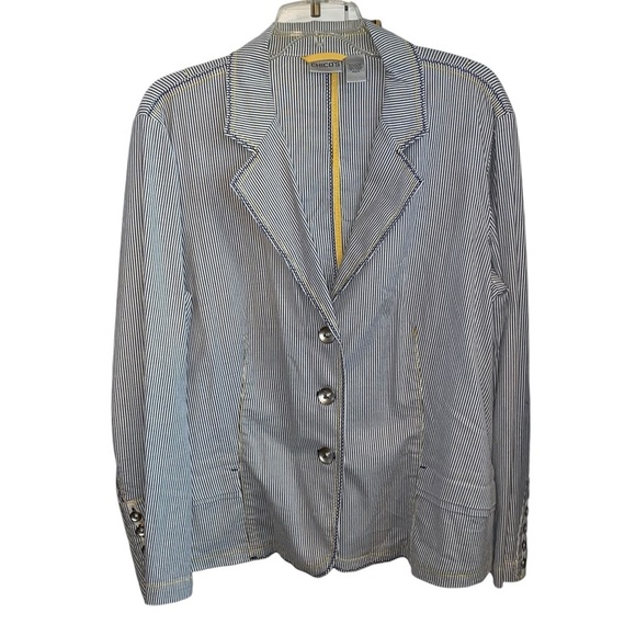 Chico's Seersucker Striped gray & white yellow stitches Yachtie Blazer Jacket - Picture 1 of 12